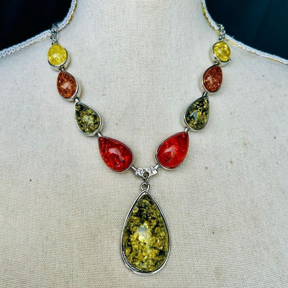 3/$15 Silver Statement Necklace Faux Amber